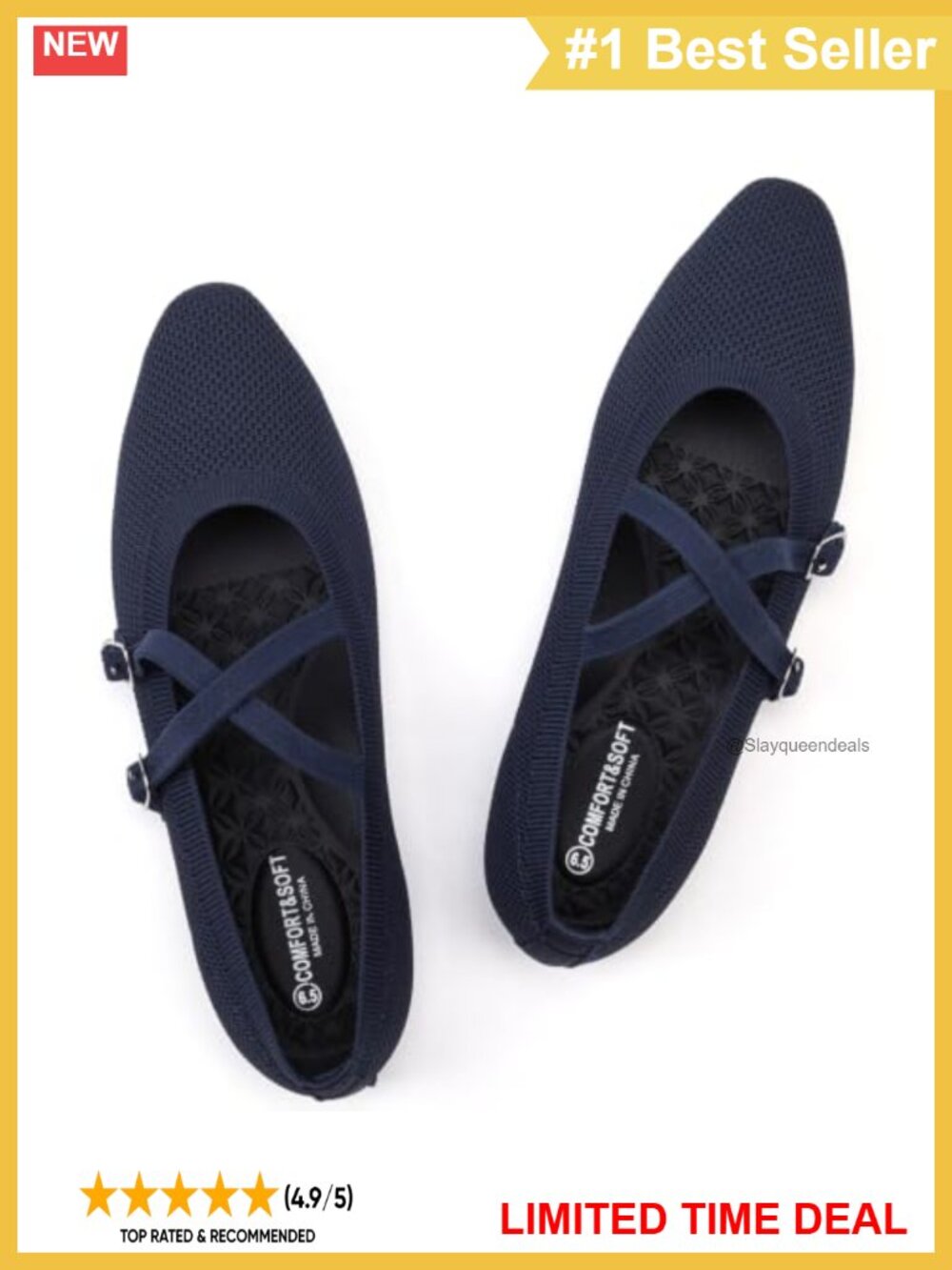 Mary Jane Ballet Flats Square Toe Knit Slip On Shoes Comfortable Walking Flats